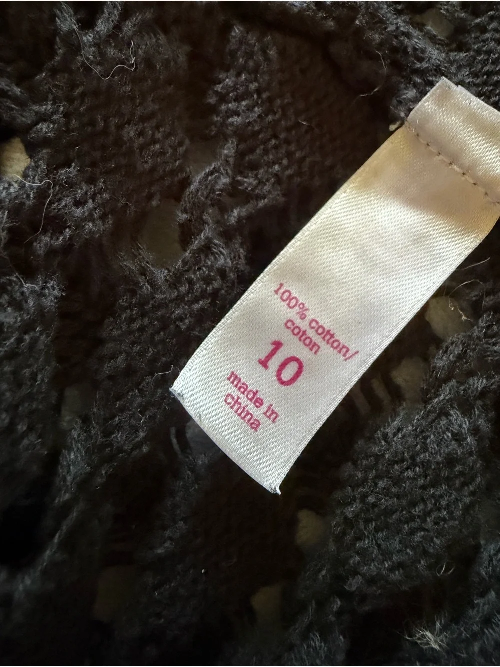 Justice Girls Black Crochet Knit Open Front Cardigan Sweater Size 10 Cotton